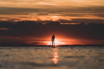 Fototapeta premium Girl paddlesurfing in sunset.