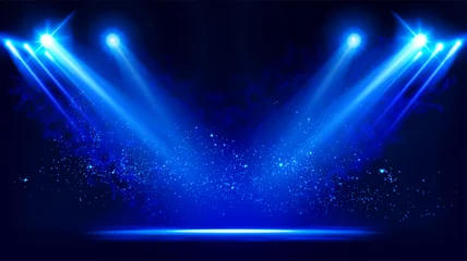 Foto op Plexiglas Verlicht podium met schilderachtige lichten en rook. Blauwe vector spotlight met rook volume lichteffect op zwarte achtergrond. Stadion bewolking projector. Mist-showroom. Vector. EPS 10 © Vitalik