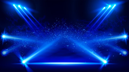 Illuminated stage with scenic lights and smoke. Blue vector spotlight with smoke volume light effect on black background. Stadium cloudiness projector. Mist show room. Vector. EPS 10 - obrazy, fototapety, plakaty