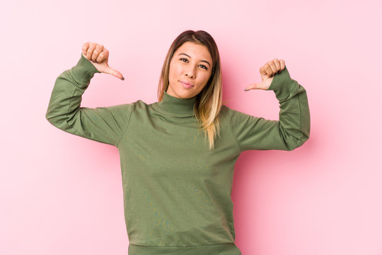 Young caucasian woman posing isolated  feels proud and self confident, example to follow.