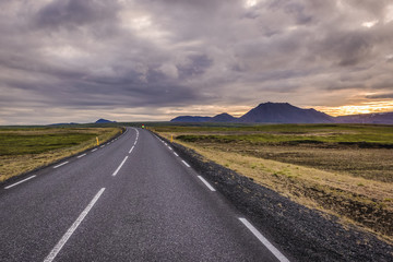 White night over route number 1 in north part of Iceland