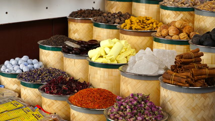 Baskets of colorful spices at market in Dubai