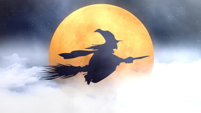 Witch Silhouette Flying Broom Past Orange Moon 4k Loop features the silhouette of a witch flying on her broom in front of an orange full moon with clouds rolling by in a loop.
