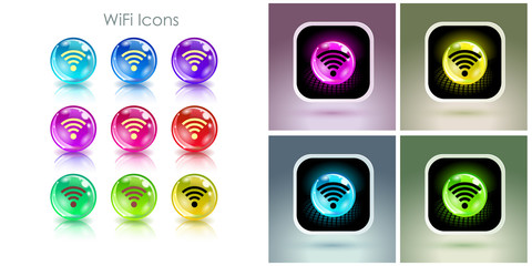 Color balls with wifi symbol app icon. Useful for wi-fi cafes, wireless internet zones, terminals, etc.