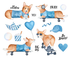 Big vacation collection with cute Welsh Corgi puppy and various summer symbols. Hand painted water color sketchy drawing, isolated clipart elements for design, web banner, greeting card, scrapbooking.