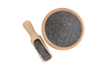 blue poppy seeds in wooden bowl and scoop isolated on white background. food ingredient.