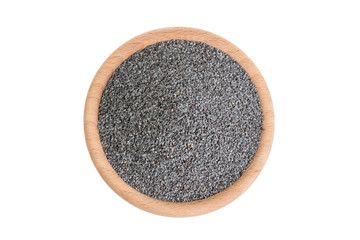 blue poppy seeds in wooden bowl isolated on white background. food ingredients.