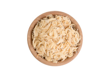 dried prawns in wooden bowl isolated on white background. food ingredients.