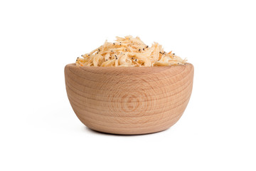 dried prawns in wooden bowl isolated on white background. food ingredients.