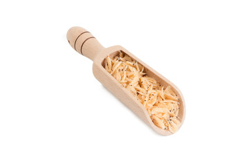dried prawns in wooden scoop isolated on white background. food ingredient.