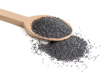 blue poppy seeds in wooden spoon isolated on white background. food ingredient.