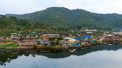 Fototapeta na wymiar Landscape view with reflexion in the lake at Ban Rak thai village in Mae Hong Son Thailand.