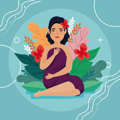 beautiful woman sitting with leafs tropicals vector illustration design