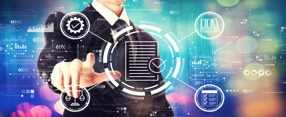 Compliance concept with a businessman on a shiny background