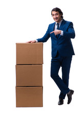 Young male employee with boxes isolated on white