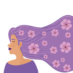 beautiful woman with hair purple and flowers vector illustration design