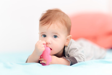 Cute Baby Biting on Calming Teething Toy 