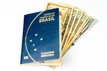 New Brazilian passport in a white background. with a write space. Passaporte Brasileiro, em fundo branco, com espaço para escrita.