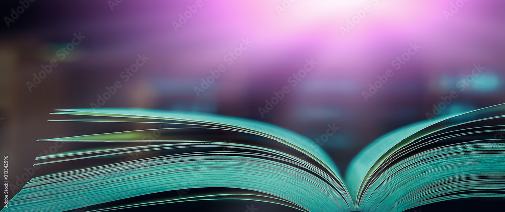 Poster stack of books in the library and blur bookshelf background