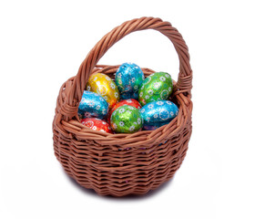 easter basket with decorative eggs on the white