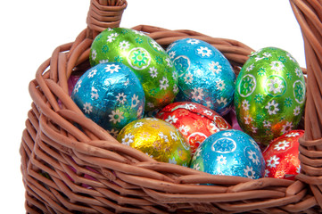 easter basket with decorative eggs on the white