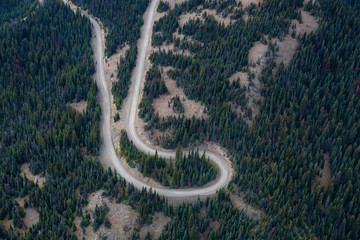 Aerial View of a Scenic Road in the valley around the Canadian Mountain Landscape. Located near EC Manning Provincial Park, British Columbia, Canada.