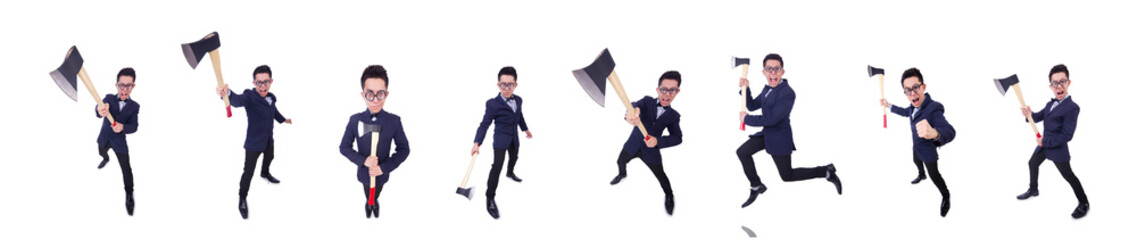 Funny man with axe on white