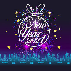 Happy new year 2021 with firework background. Firework display colorful for holidays.