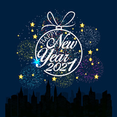 Happy new year 2021 with firework background. Firework display colorful for holidays.