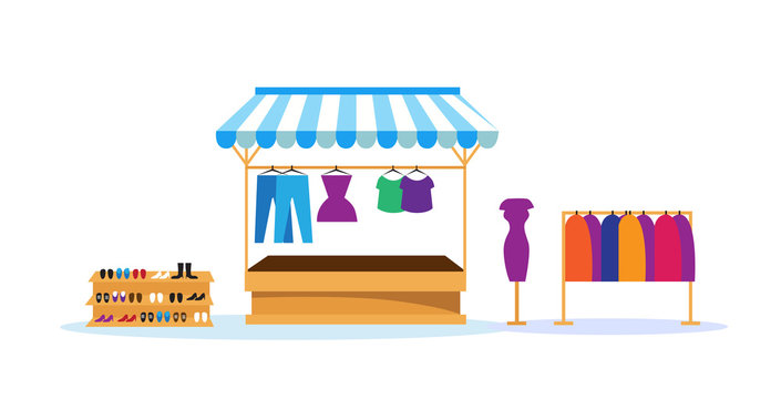 Clothes Shop Stall Fair Concept Outdoor Market No People Horizontal Vector Illustration