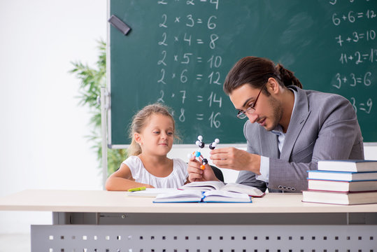 Teacher with young girl in the classroom