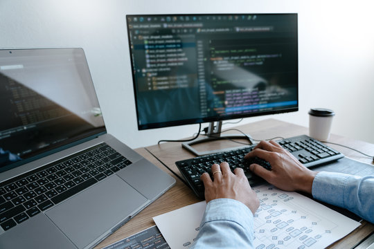 Programmer Typing Code on desktop computer, Developing programming and coding technologies concept.