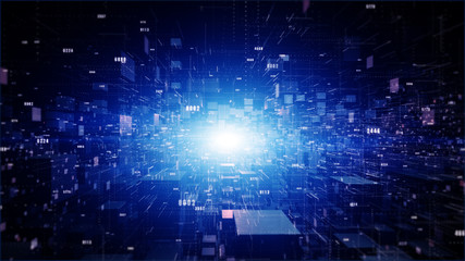 Digital cyberspace geometric background with particles and digital data network connections.