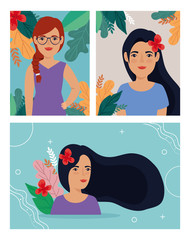 group of beautiful women with leafs tropicals vector illustration design