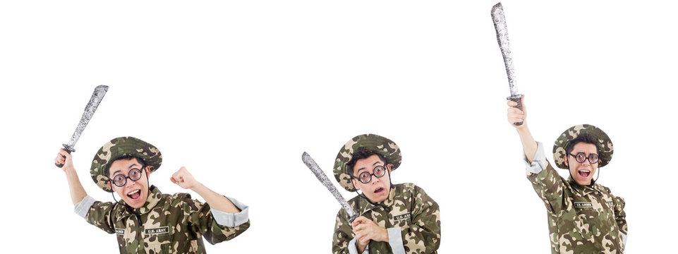 Funny Soldier With Knife On White