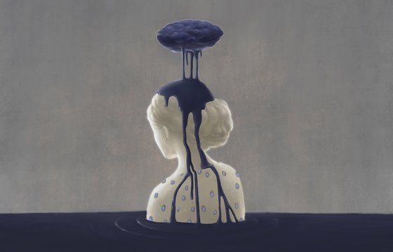 Surreal depressed woman with blue cloud, sad, aloneconcept painting