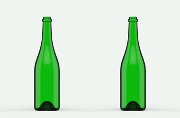 3d rendering. Empty two red wine bottle green glass on white background.