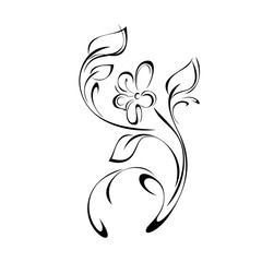 ornament 992. one decorative blooming flower on a curved stem with leaves and curls in black lines on a white background