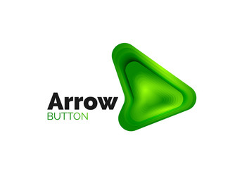 Arrow logo template. Or play or download button logotype template. Minimal geometrical design, 3d geometric bold symbol in relief style with color blend steps effect. Vector Illustration