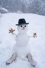 New Year greeting card. New year concept. Funny snowmen. Happy snowman with gift boxes standing in winter Christmas landscape.