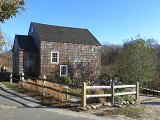 An old barn on an Autumn day at Connetquot River State Park Preserve  in Oakdale, Long Island, New York