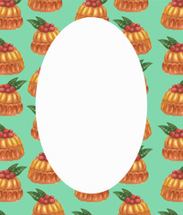  cupcake with berries and a leaf. illustration with  watercolor crayons . Oval frame in the center for inscription. food illustration on a mint background. blank for the menu restaurant cafe flyer a