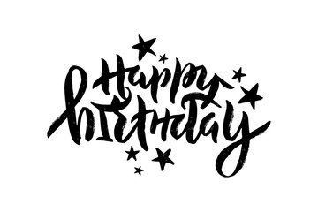Vector stock illustration of Happy Birthday inscription with stars for greeting card, invitation. Brush pen lettering calligraphy for birthday party, anniversary. Isolated on white EPS 10
