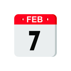 february 7 - Red calendar Icon. Calendar Icon with shadow. Flat style. Date, day and month. Reminder. Vector illustration. Organizer application, app symbol. Ui. User interface sign