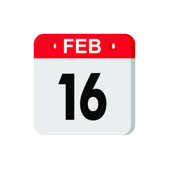 february 16 - Red calendar Icon. Calendar Icon with shadow. Flat style. Date, day and month. Reminder. Vector illustration. Organizer application, app symbol. Ui. User interface sign