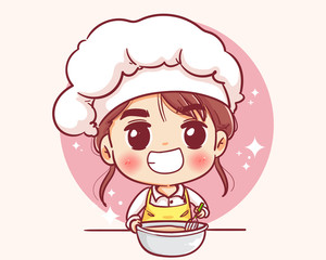 Smiling and happy Female pastry chef. Woman chef is cooking. Hand drawn vector illustration.