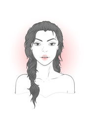 Vector portrait of a beautiful young woman with long braids on a white background.