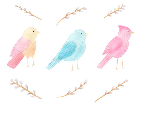 Watercolor hand drawn spring birds. Happy Easter illustration.  Cute little birds isolated on white background. Perfect for cards, children textile, invitations.