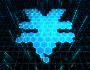 Renminbi currency symbol consisting of hexagon graphics, technology financial security and information storage, network data