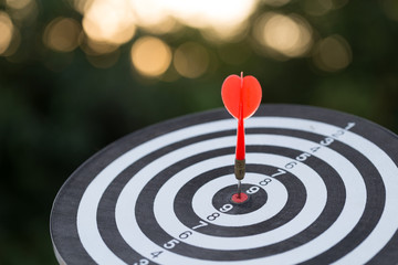 Red dart target arrow hitting on bullseye with,Target marketing and business success concept